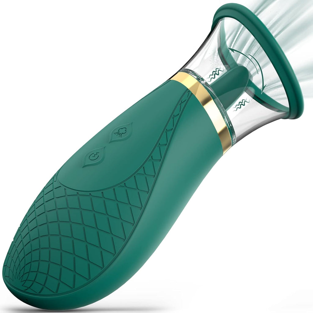 Green clitoral sucking vibrator sex toy, 3 sucking modes, 9 licking modes, nipple and clitoral sucker
