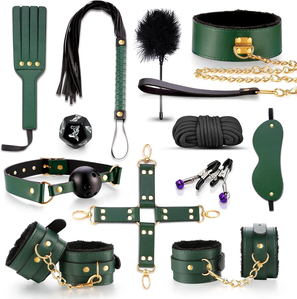 BDSM adult sex toys, a 12-piece BDSM bondage set, including adjustable handcuffs, collar, ankle cuffs, blindfold, and feather tickler.