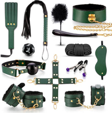 Load image into Gallery viewer, BDSM adult sex toys, a 12-piece BDSM bondage set, including adjustable handcuffs, collar, ankle cuffs, blindfold, and feather tickler.